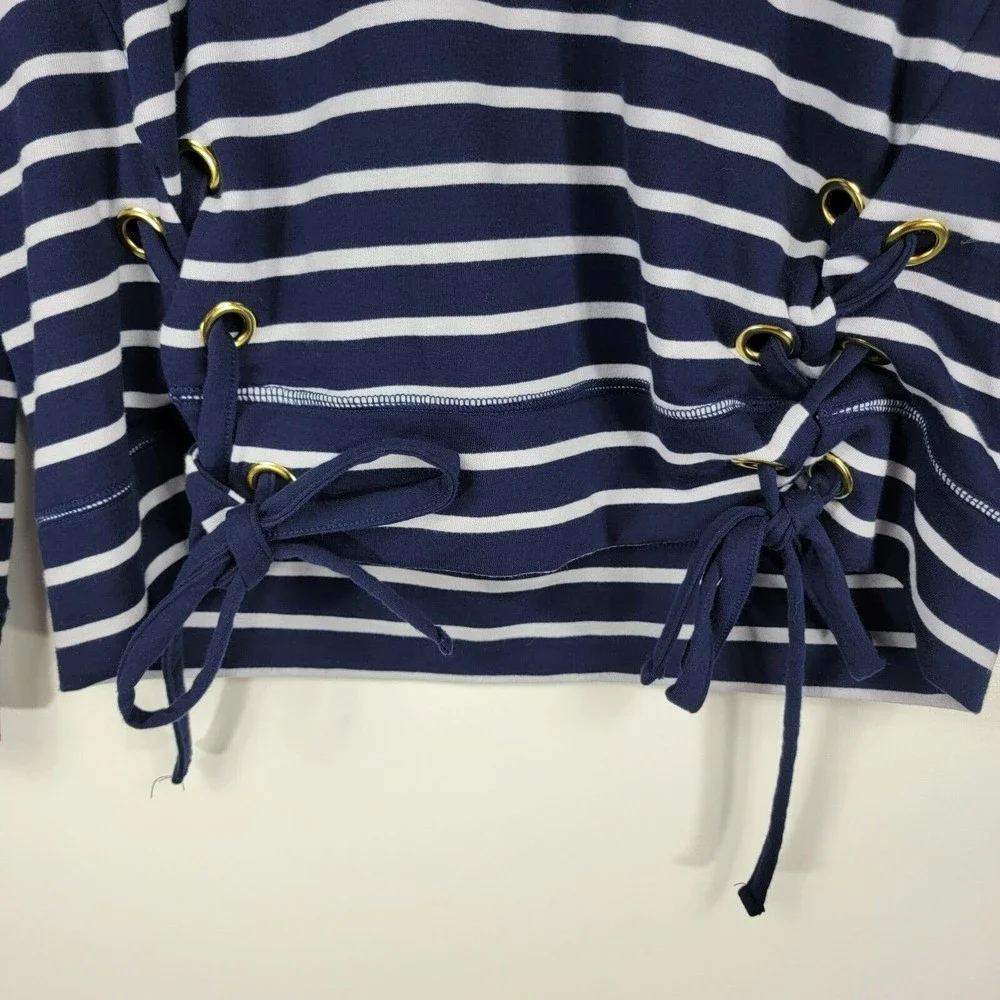 Michael Kors Women's Sz Sm Pullover Hoodie Navy and White Striped Lace Up Detail